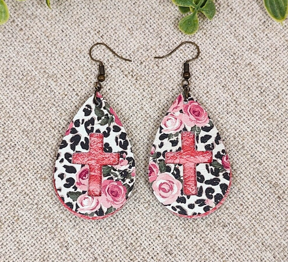 Rose and Leopard Cross Teardrop Earrings-pattern may vary