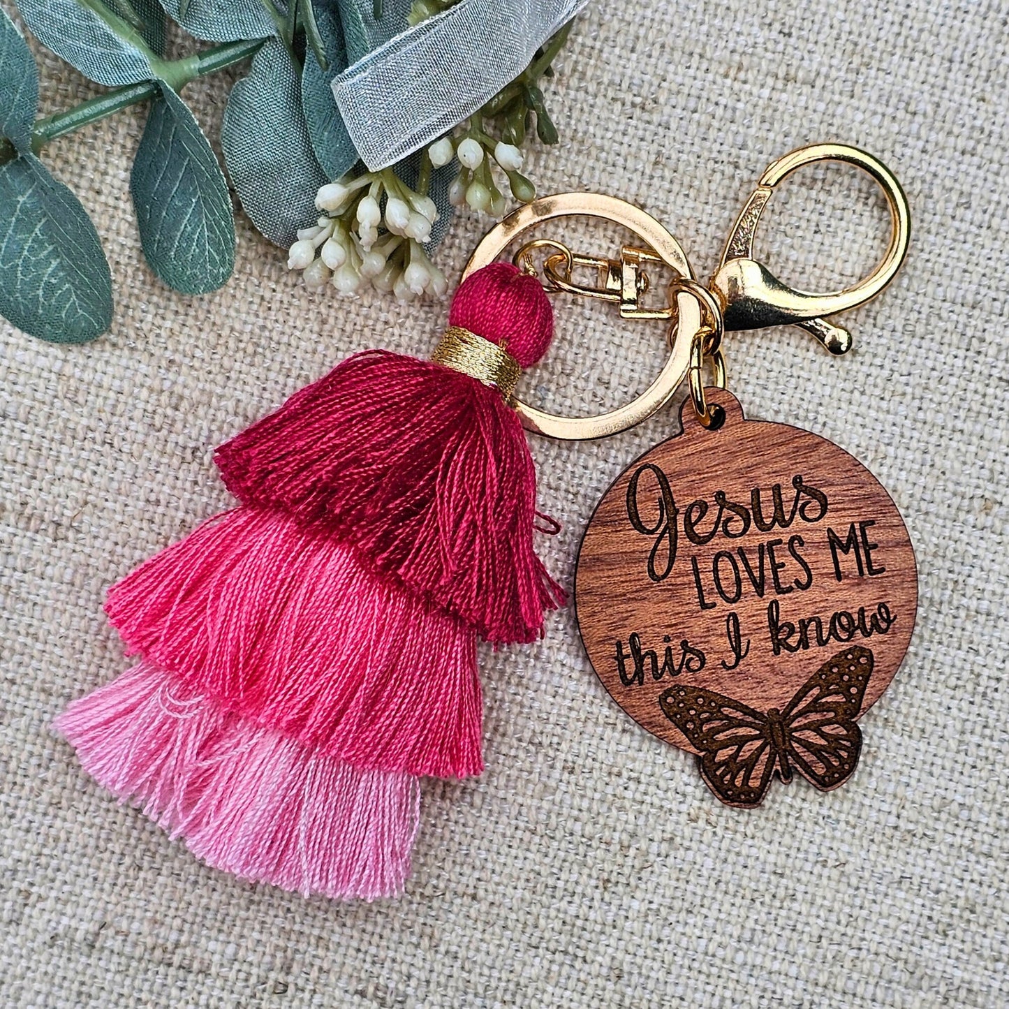 Jesus Loves Me Pink Tassel Keychain