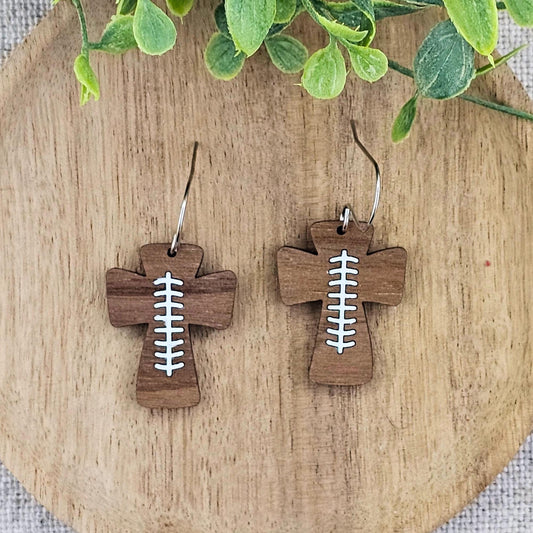 Football Cross Wood Earrings