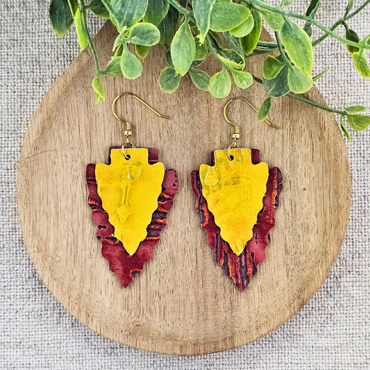 Arrowhead Leather Earrings, Red and Yellow