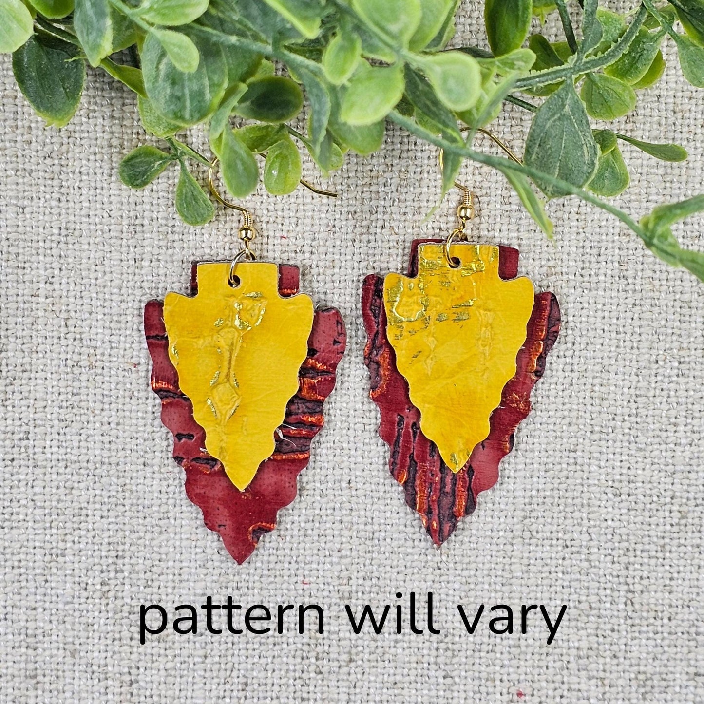 Arrowhead Leather Earrings, Red and Yellow